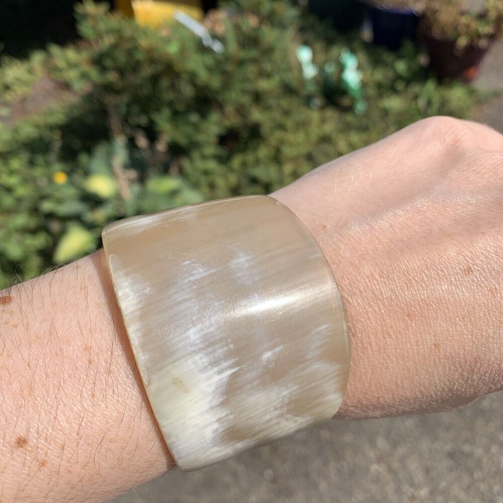 Vintage Faux Horn Wide Cuff Bracelet Translucent Beige Acrylic Boho Statement